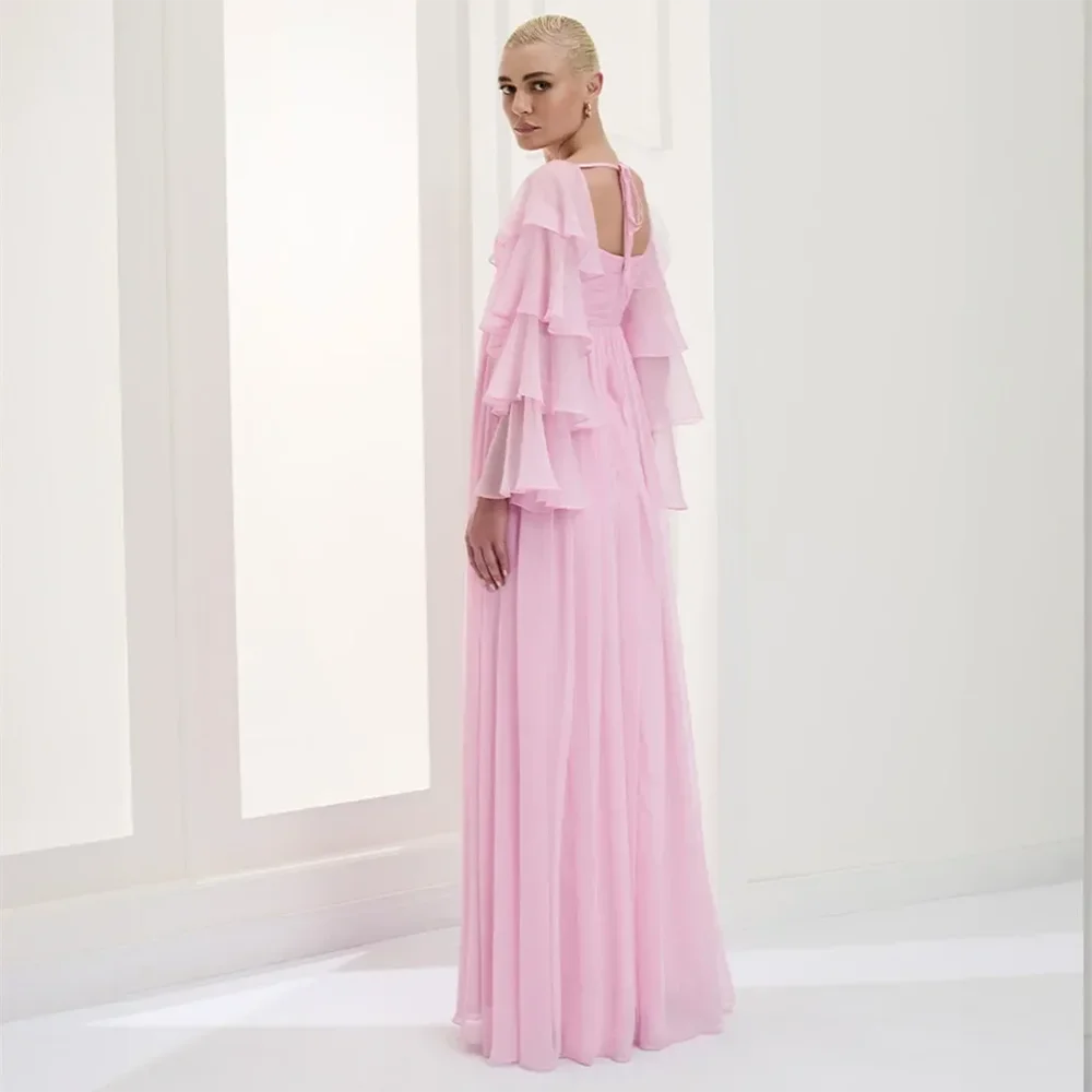 

Pink Evening Dress Customized Square Neck Long Sleeves Evening Gowns A-Line Chiffon Floor Length Formal Party Dress 2025