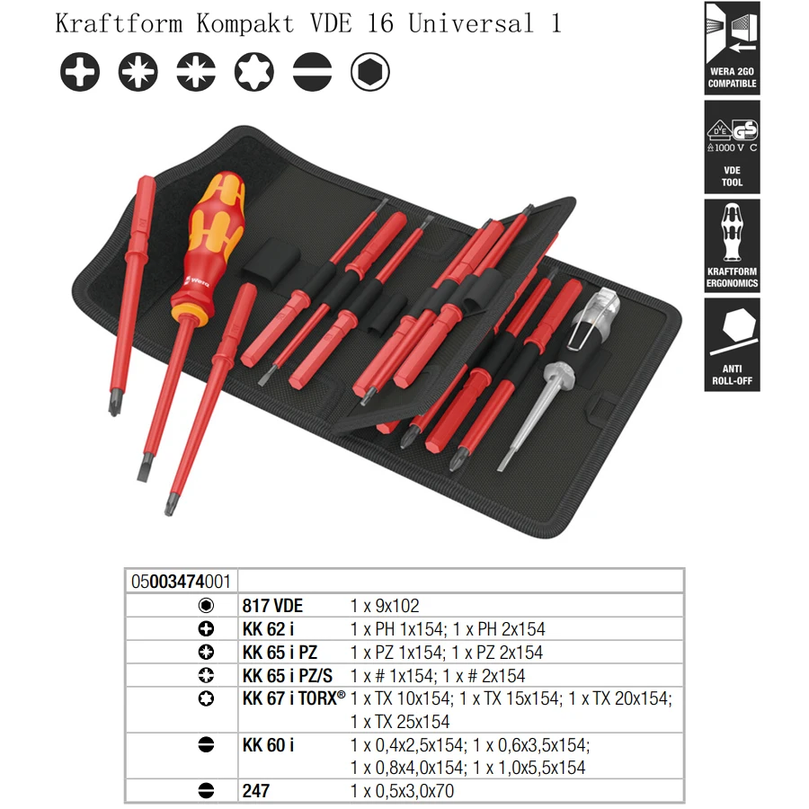 WERA 05003474001 16Pcs Insulated Screwdriver Set Kraftform Kompakt VDE Electrician Insulating Screw Driver Hand Tools