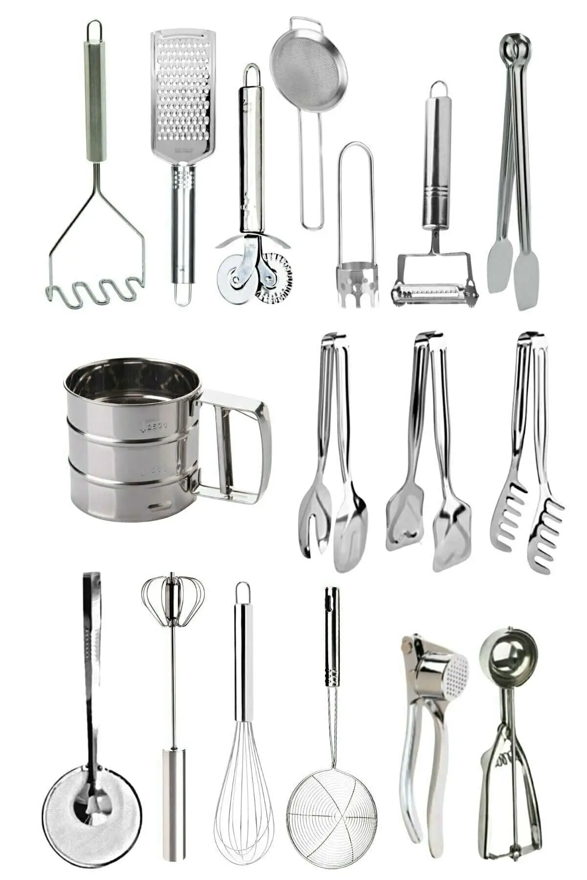 Everything for a 17 Piece Kitchen; Kitchen Preparation Serving Tongs Practical Kitchen Acessory Tools sieve, tongs, scissor