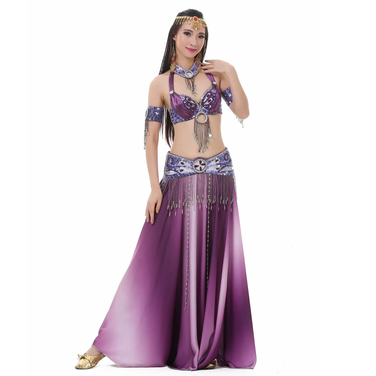 

Women Dance Clothes Oriental Style Outfit Belly Dance Costume Set Beaded Bra Belt Skirt 3pcs Group Dance