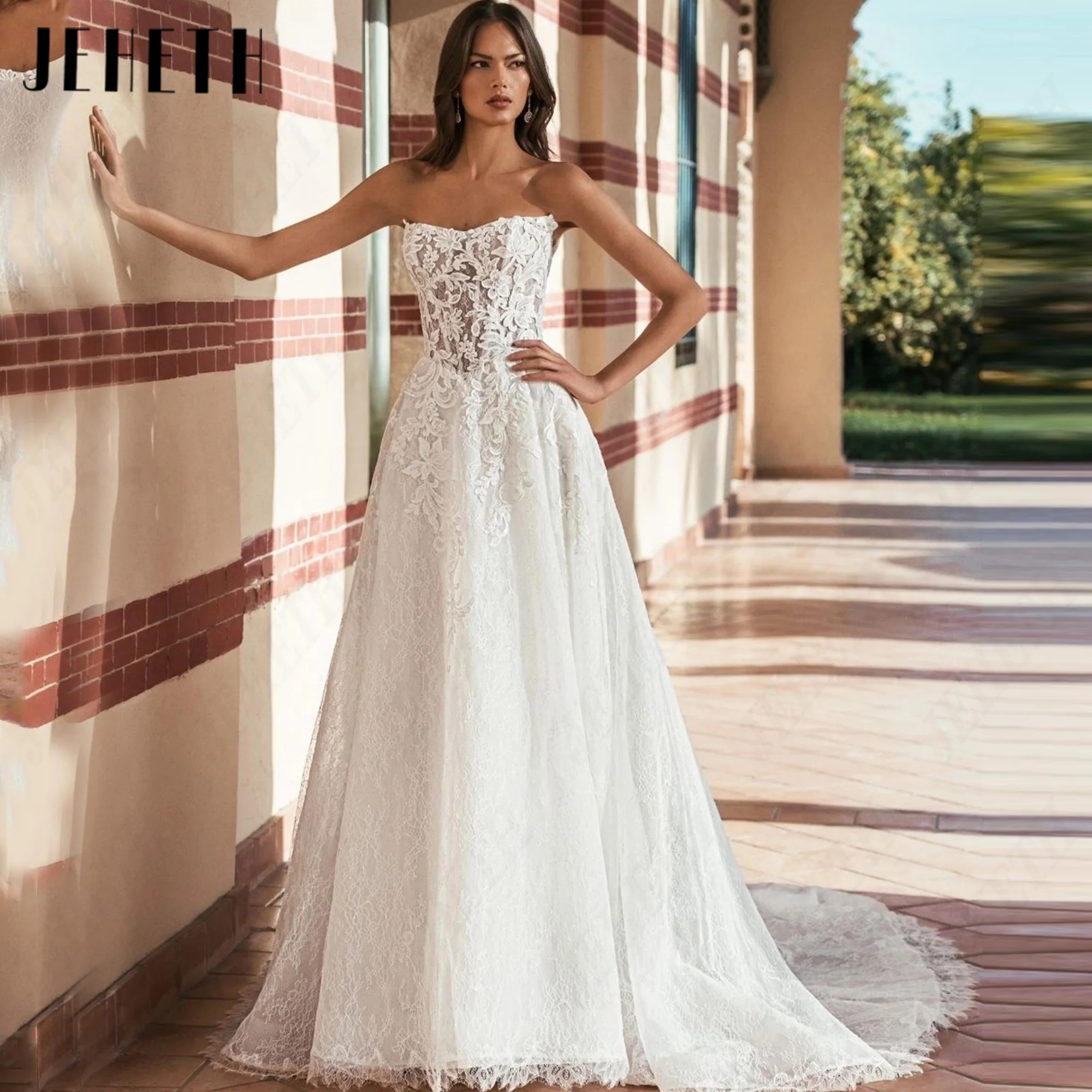 JEHETH Bohomian A-Line Tulle Wedding Dresses Lace Appliques Detachable Sleeves Bridal Dress Court Train Bride Gown Customized