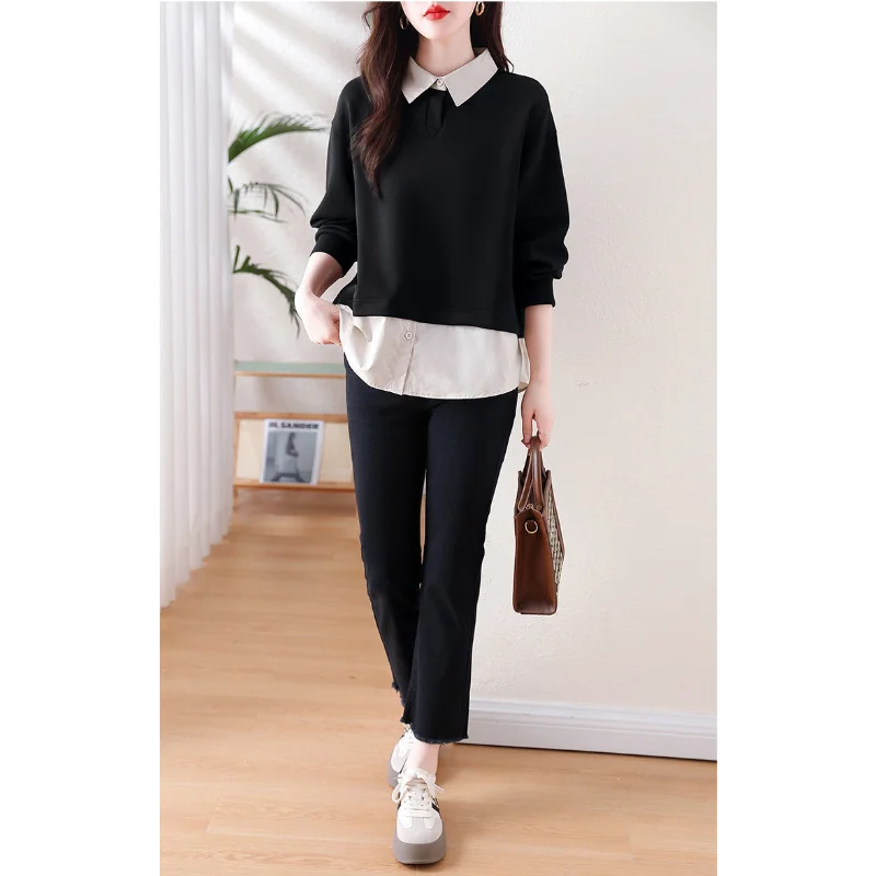 Mode Neue Stil Slim Fit Gefälschte Zwei Stück frauen Pullover Sweatshirt Frühling Herbst Farbe Block Patchwork Casual Vielseitig Top