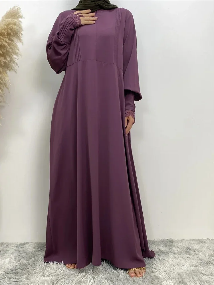 Women Eid Muslim Abaya Ramadan Morocco Cardigan Solid Color Lace Abayas Dubai Kaftan Islam Long Robe Arab Jalabiya Pleated