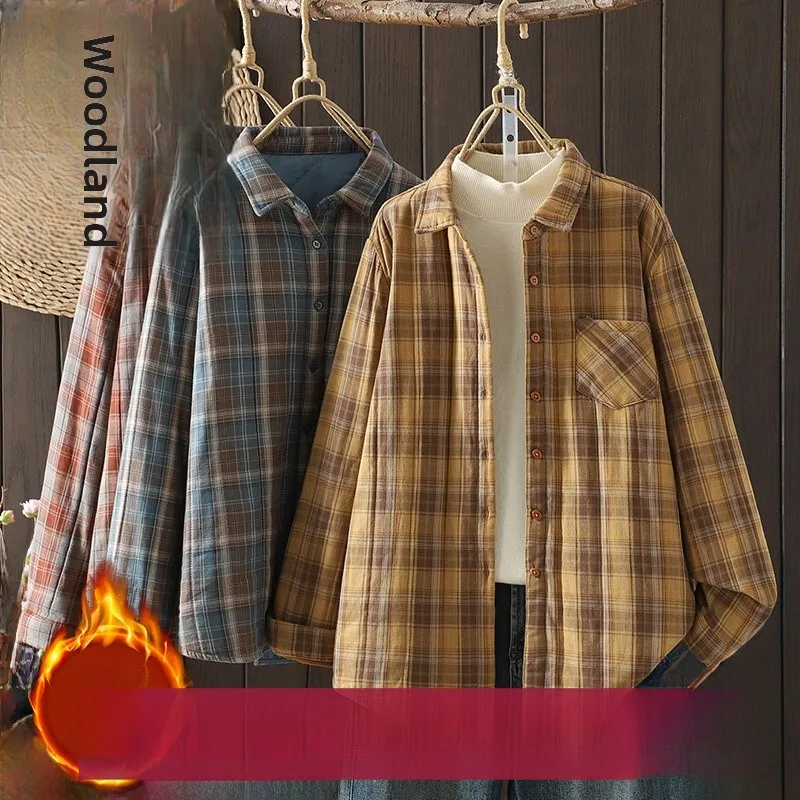 

Thiened Long Sve Cotton irt Winter Casual Loose Sle Retro Plaid Double Layered Slimming Top Artistic Collar But...