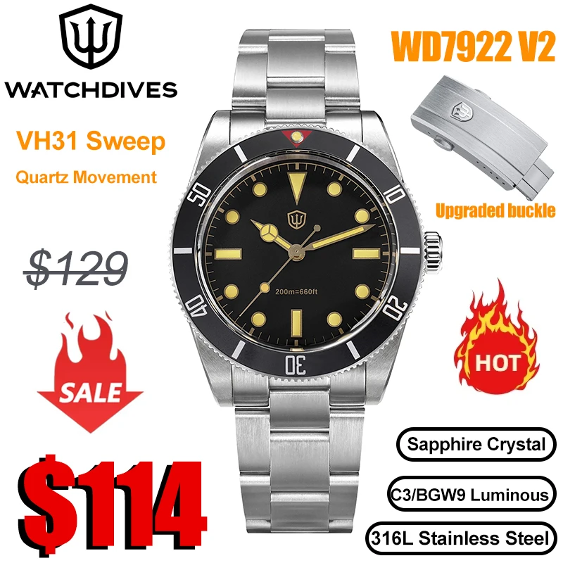 Watchdives WD7922 V2 BB54 Quarzuhren VH31 20Bar wasserdicht, leuchtender Saphir, 37 mm, modische Edelstahl-Taucharmbanduhr