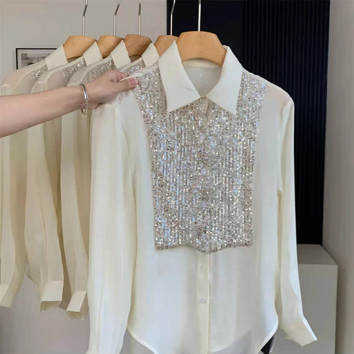 Camisa de manga longa com retalho lantejoulas para mulheres, cardigã elegante com tudo a combinar, blusa protetor solar Lady Top, streetwear verão
