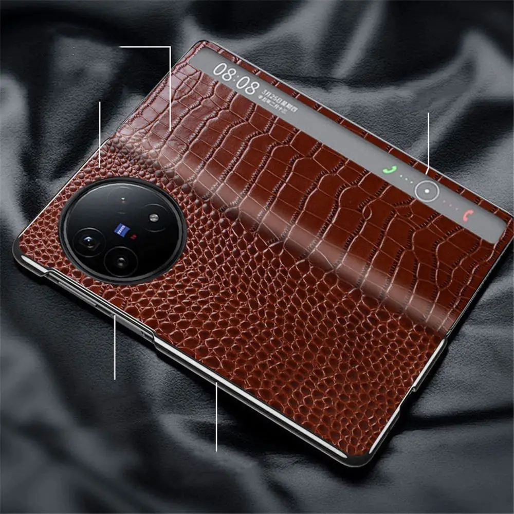 Premium Natural Cowhide Leather Crocodile Flip Case for Vivo X Fold5 Matte Window View Cover