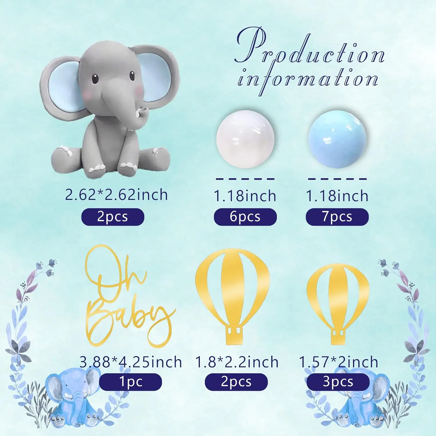 Olifant Taart Decoratie met Oh Baby Cake Topper Parel Ballen Heteluchtballon voor Baby Douche Jongen Olifant Thema Verjaardagsfeestje