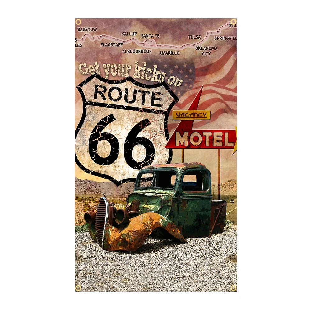 90x150cm Classic Truck Retro Route 66 Poster Flag Polyester Decoration Motor Car Man Cave Garage Pub Club Banner Tapestry Jemony