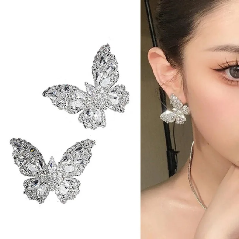 Premium design butterfly full diamond earrings women's light luxury flash diamond crystal stud earrings bridal banquet S925 silv