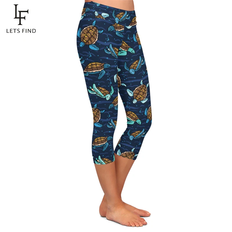 Letsfind moda leggings bonito tartarugas do mar impressão digital mulheres de cintura alta workout capri leggings para o verão