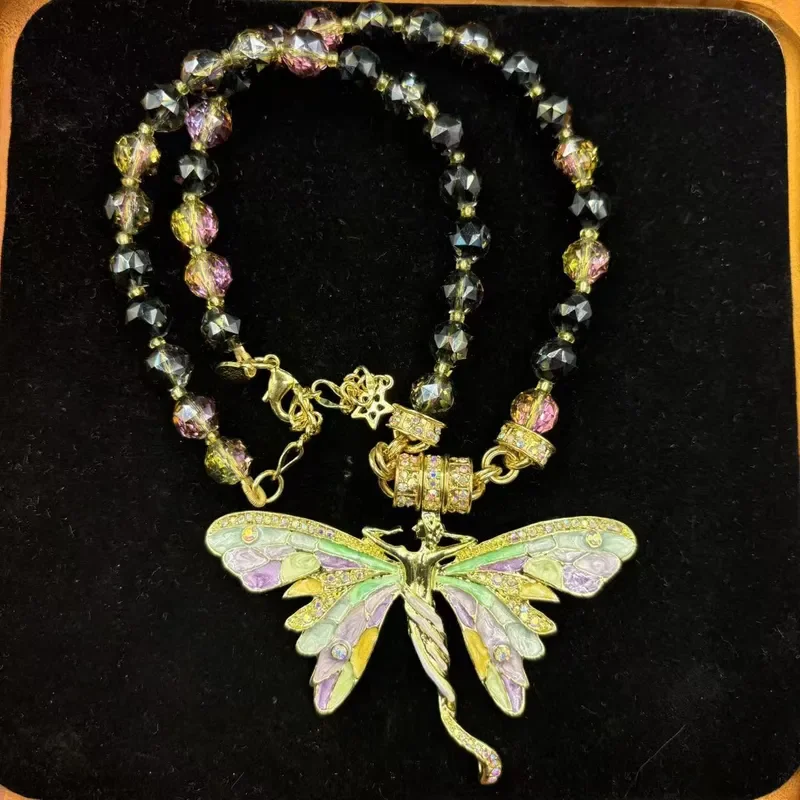 Medieval Vintage Butterfly Pendant Enamel Craft Czech Diamond Medieval Necklace Female Butterfly Fairy Medieval Pendant