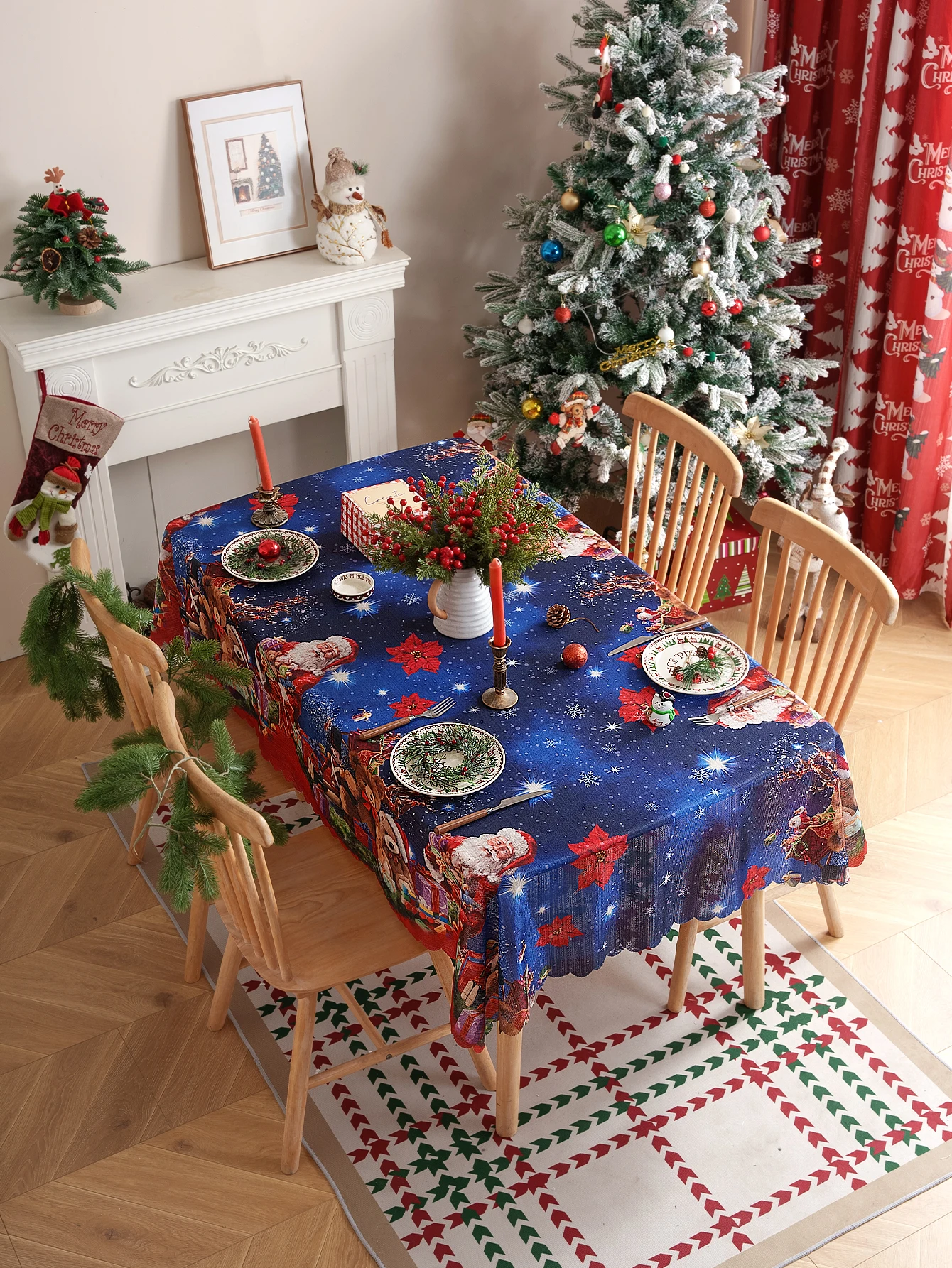 Blue Christmas Print Tablecloth for Living Room Bedroom Festive Atmosphere Decor Pressed Flower Tablecloth
