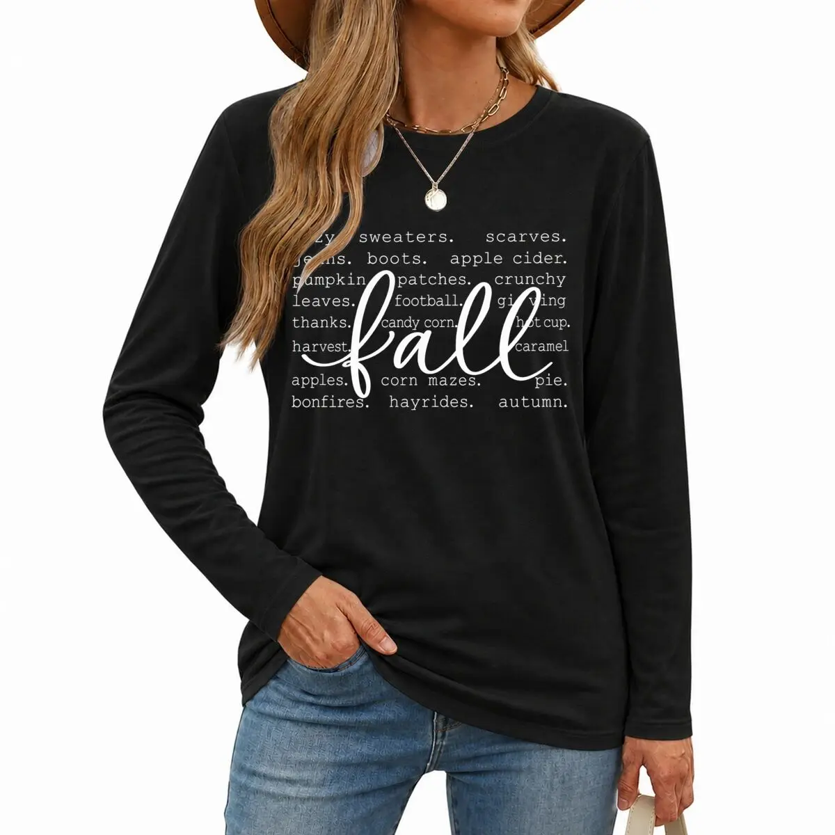 Fall Word Collage Long Sleeve Shirt Women Fun Pumpkin Football Autumn Quote Graphic Tee Casual Long Sleeve Thanksgiving T-shirts