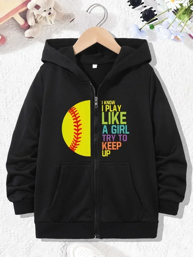 Girls Light Purple Zip Up Hoodie Colorful Softball Slogan Print Long Sleeve Casual Kids Hooded Jacket With Front Pockets