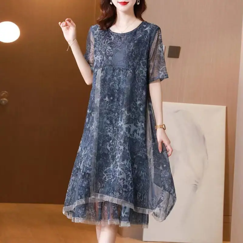 

Temperament Loose Oversized Women's Clothing Short Sleeve Summer Round Neck Fashion Printed Casual Floral Medium and Long Dress