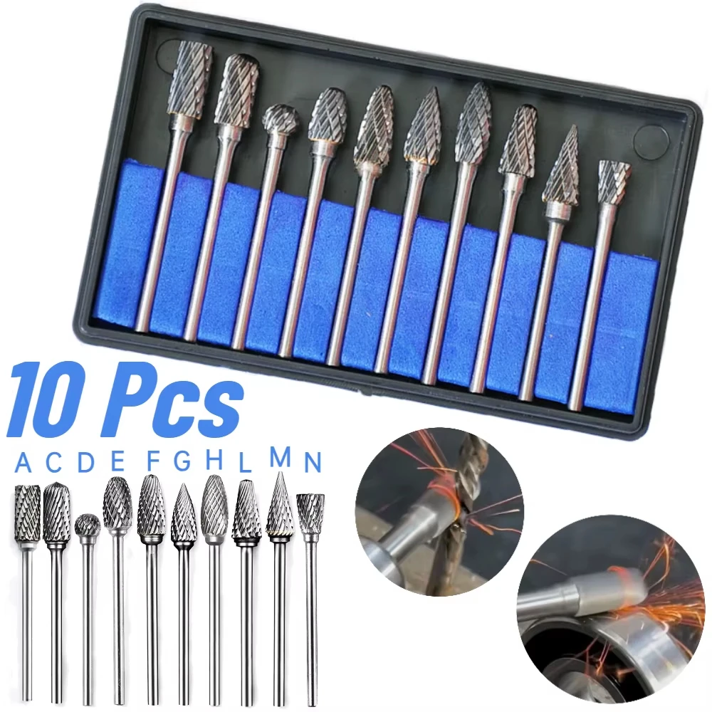

10 Pcs Tungsten Steel 3mm Cutting Burr Shank Carbide Burr Bits for Rotary Tool Woodworking