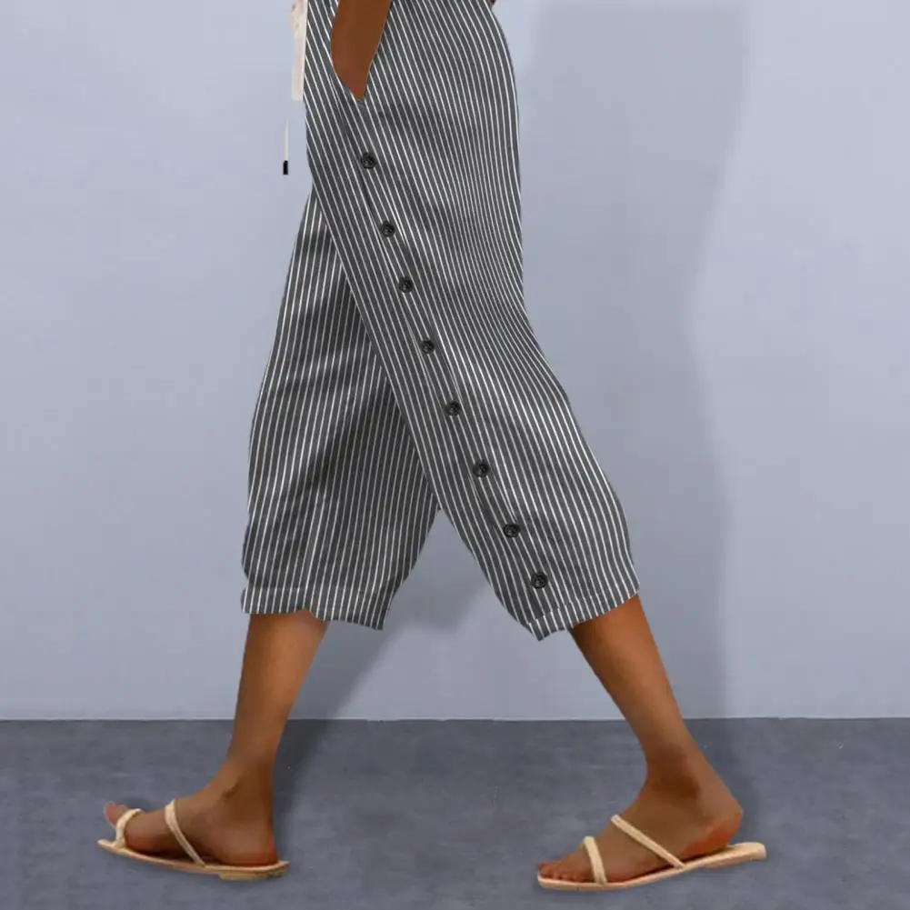 

Women Cropped Pants Elastic Drawstring Waist Vertical Striped Print Casual Trousers With Pockets Summer Thin Pants