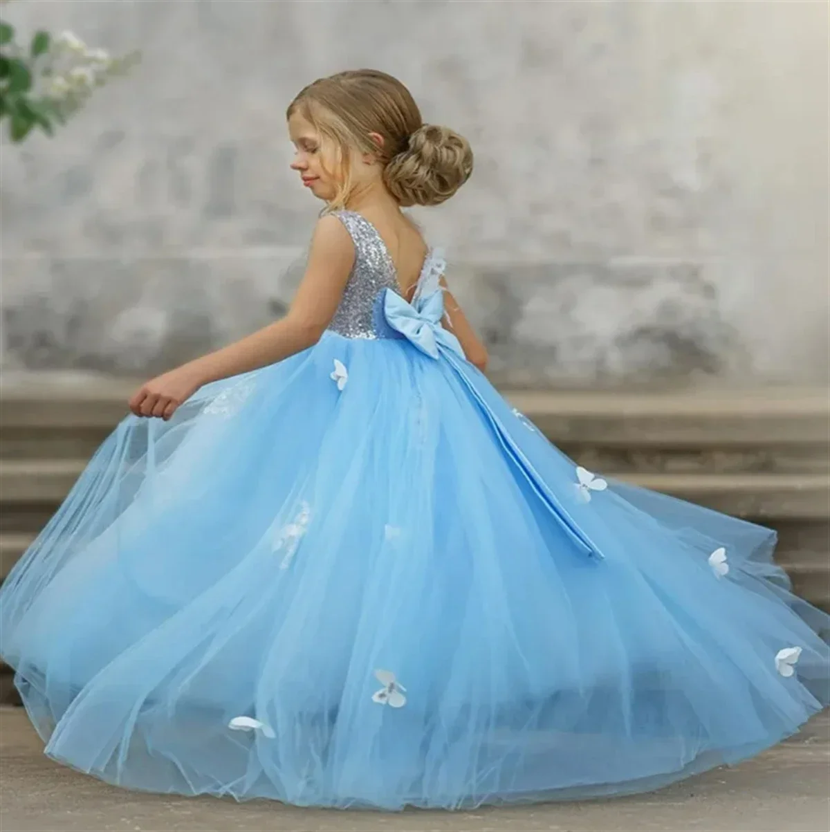 Azul tule applique lantejoulas sem mangas arco vestido da menina de flor para o casamento criança primeiro vestido eucarístico festa aniversário personalizado