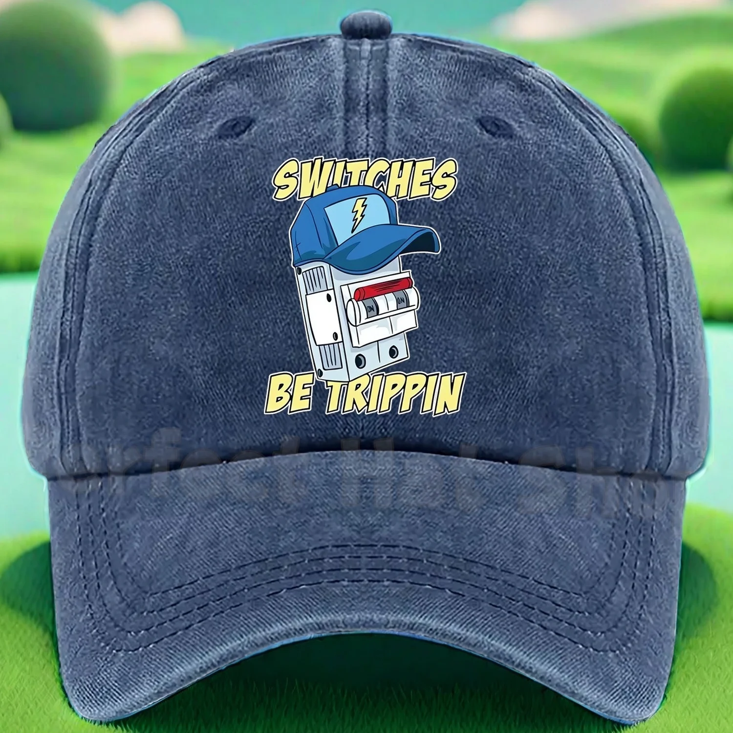 “SWITCHES BE TRIPPIN’” Fun Electrician-Themed Print Baseball Cap, Adjustable Size in Multiple Colors