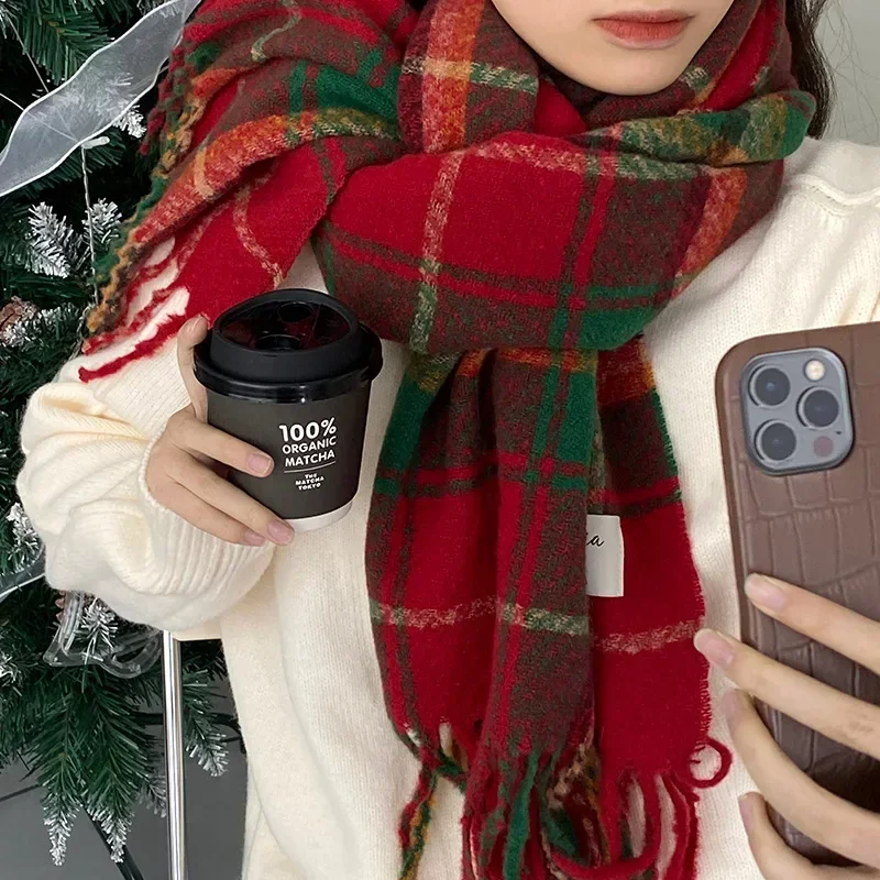 Christmas Retro Cashmere Scarf Tassel Plaid Double Sided Scarf Lady Winter Thickened Warm Long Shawl New Year Gift Outdoor Ride