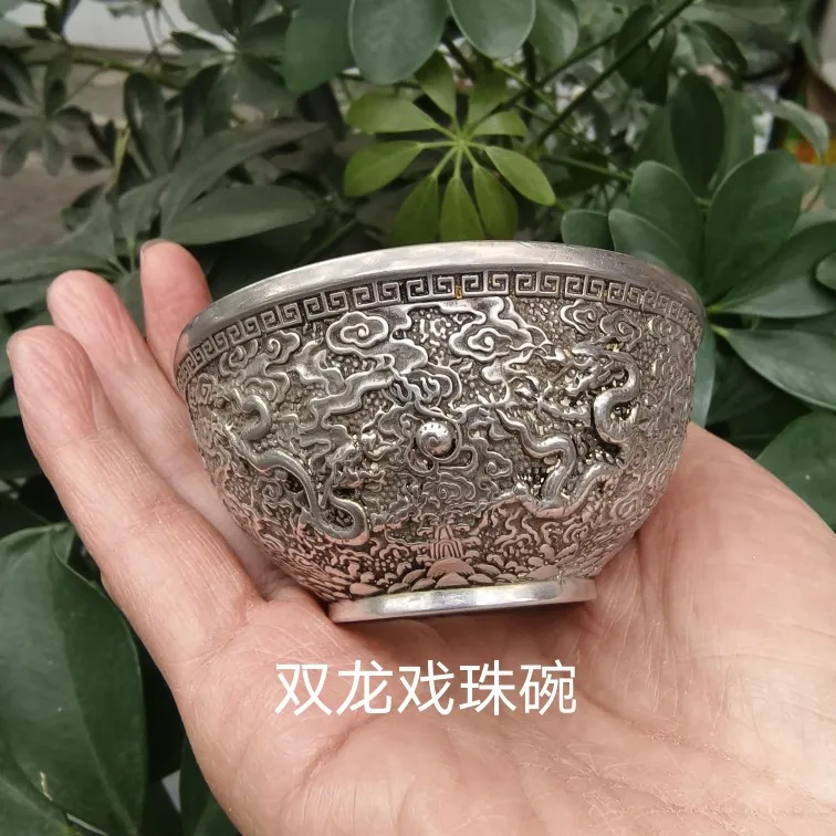 Silver-plated Qianlong year relief Shuanglong bowl home tea ceremony handicrafts