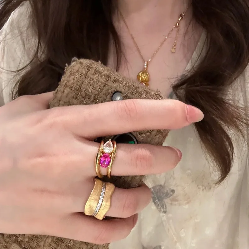 Fashion Pink White Zircon Geometric Rings for Women New Stainless Steel Adjustable Ring Bridal Wedding Jewelry Accessories Gift