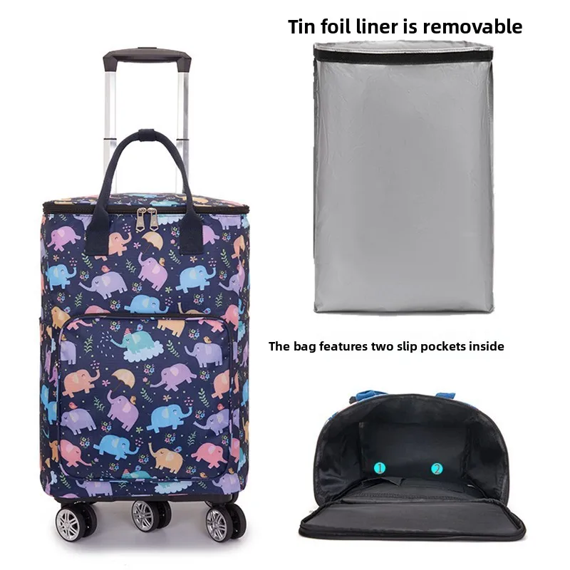 Telescopic Pull Trolley Bag, Foldable Shopping Cart with 360° Swivel Wheels, Removable Caster & Brake, Carry On Grocery Luggage