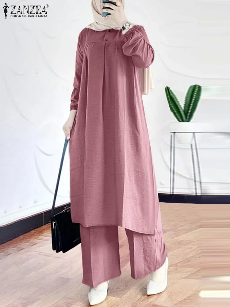 Autumn Lantern Sleeve Long Shirt Trousers Suits ZANZEA Women Vintage Muslim Sets 2PCS Casual Solid Abaya Wide Leg Pants Sets