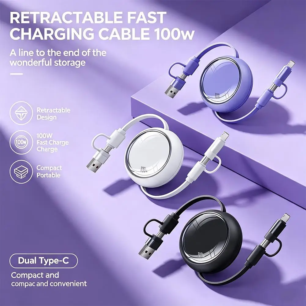 100W 4 in 1 Retractable Car Charging Cable Tangle Free USB A Type C to Lightning USB C for iPhone Huawei Xiaomi Android