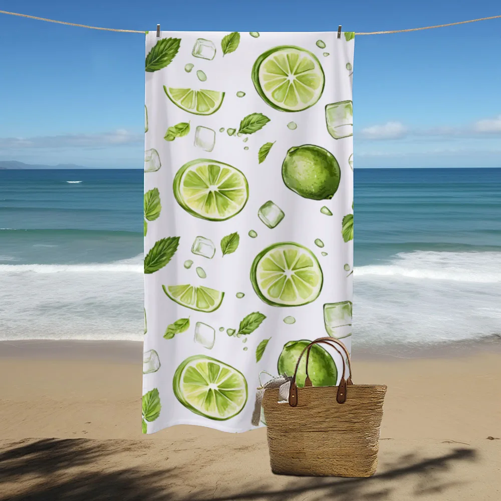 

1 Quick Dry Microfiber Beach Towel with Vibrant Green Lemon and Glass Print, Great for Beach, Pool, Camping, Beach Towel