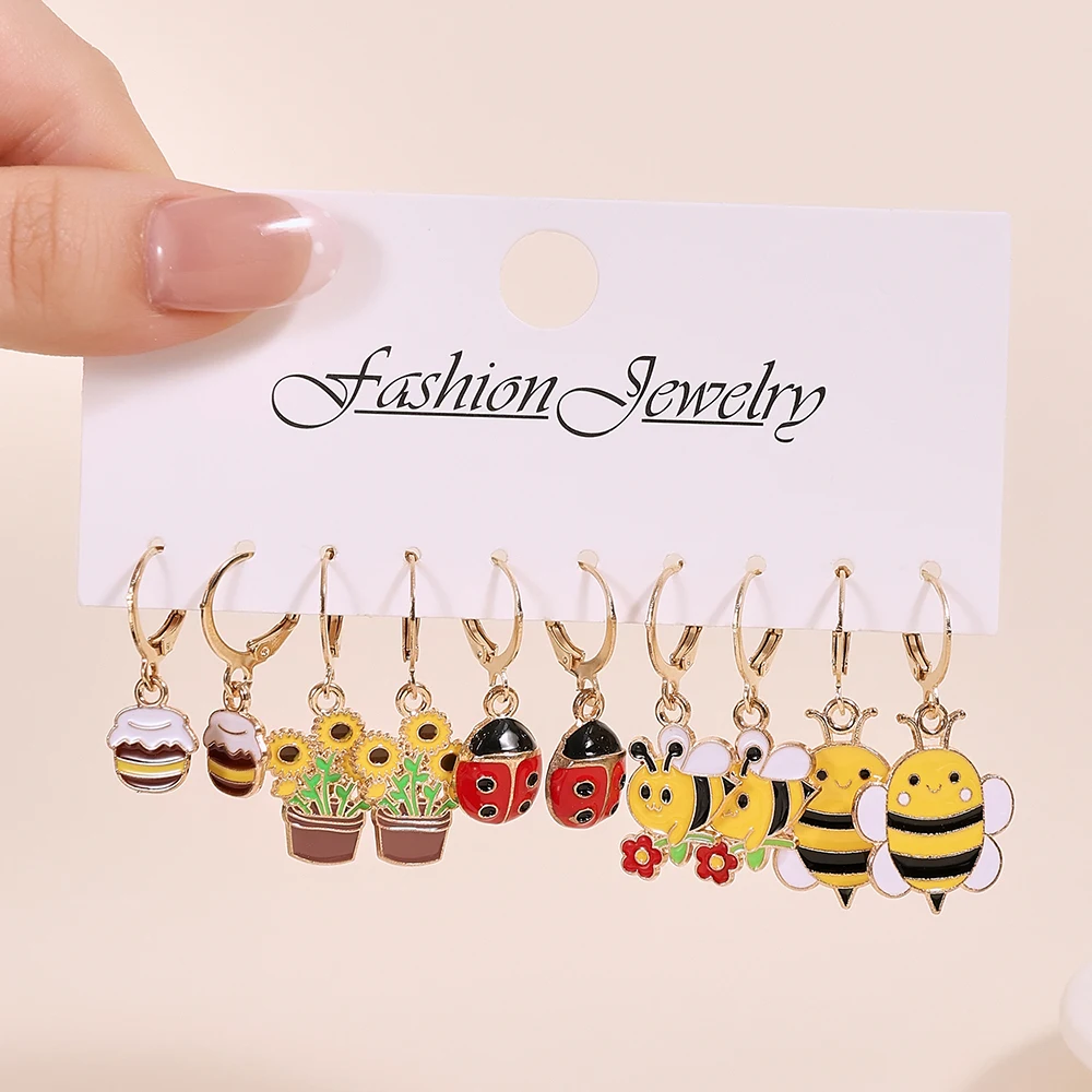 Spring Summer Metal Dripping Oil Fun Bee Flower Ladybug Honeycomb Honey Jar Earrings Set Creative Niche Drop Earrings