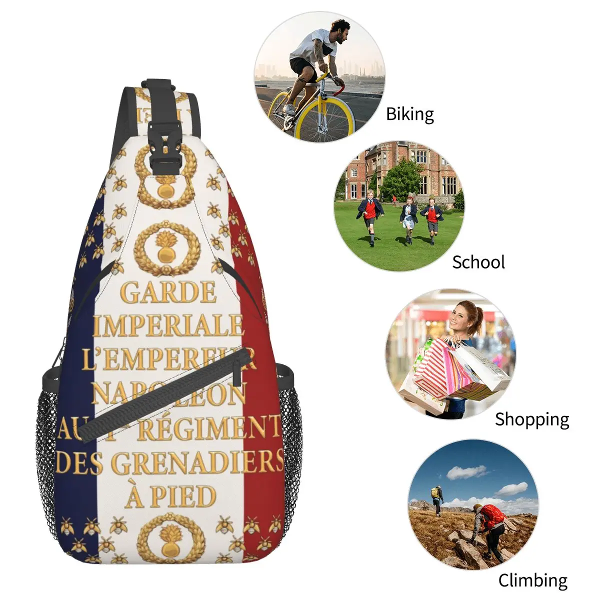 Mochila de hombro de la bandera francesa, morral de hombro cruzado en el pecho, mochilas de día de senderismo, bolsos casuales Garde Imperiale