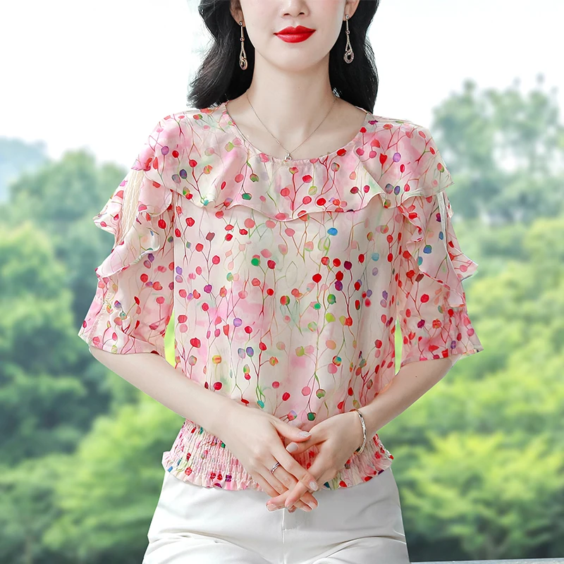 Korean Fashion Floral Printed Shirt Patchwork Mesh Tops Half Sleeve Ruffles Chiffon Blouse Casual Women Clothing