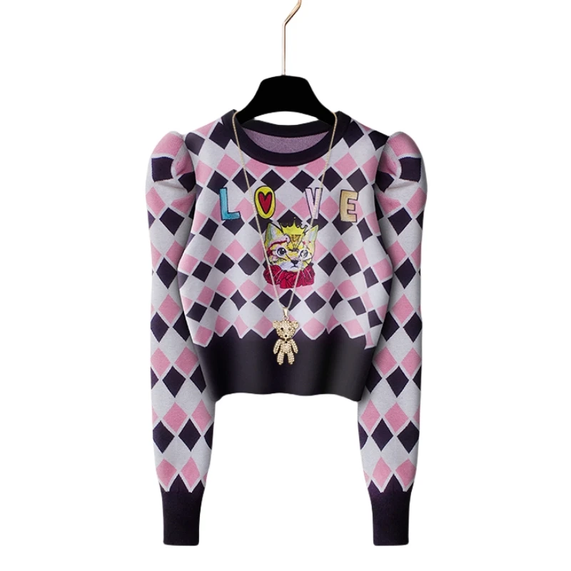 

Stylish Chic Women's Sweater Tops Cartoon Embroidery Argyle Jacquard Knitwear 2024 Autumn Long Sleeve O-neck Elegant Jumper