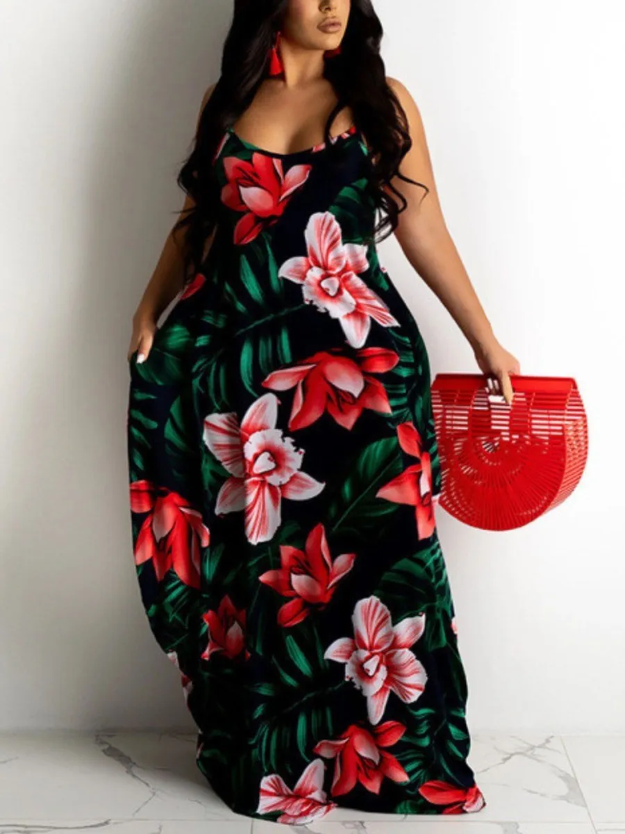 Lw Plus Size Boho U Hals Bloemenprint Geel Floor Lengte Jurk 2023 Nieuwe Zomer Spaghetti Band Lange Jurk Elegante maxi Vestidos