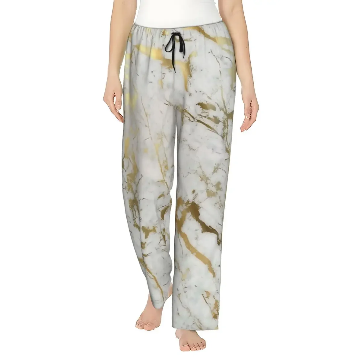 

Custom Gold Marble On White Women Pajama Pants Lounge Sleep Sleepwear Bottoms with Pockets