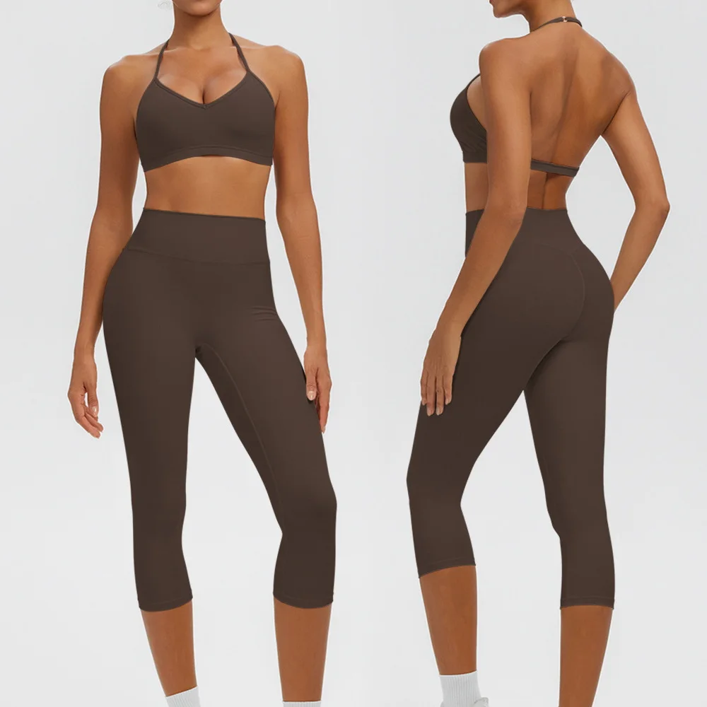 Women's Yoga Suit Nude Brushed Beautiful Back Bra High Waist Cropped Pants Gym Fitness Pilates Sportswear
