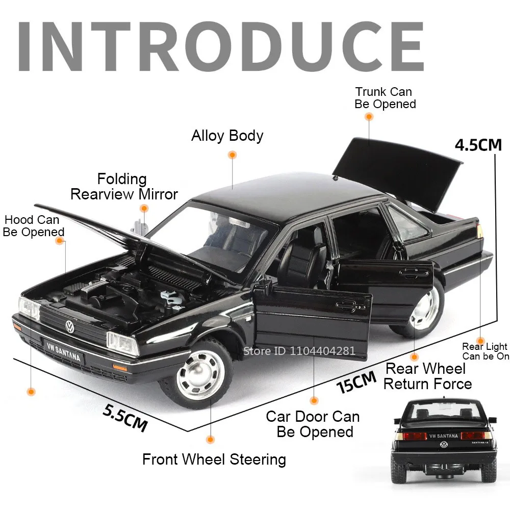 1:32 Santana CC Miniature Model Toy Diecast Alloy Car Sound Light Pull Back Door Opened Front Wheel Steering Cars Boy Gift Adult