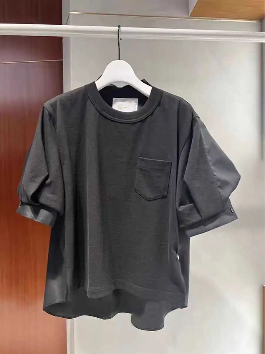 الضباب SACAI 2024 جديد فقاعة Sve المرقعة irt Sle تي شيرت ort Sve المرأة قمة عادية فضفاضة تناسب ملابس الصيف القطن