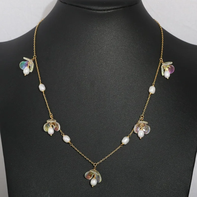 

Cute Sweet Freshwater Pearl Tassels Colorful Resin Lily of the Valley Flower Pendant Elegant Temperament Gentle Necklace Gifts