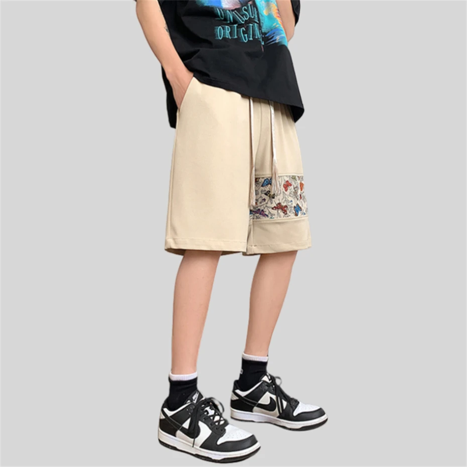 Plus Size Patchwork Shorts Men Loose Casual Pants Chinese Style Butterfly Embroidery Shorts Ribbon Design Bottom Summer 5XL