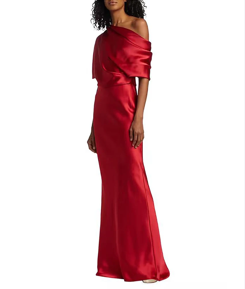 カスタマイズされた優雅なサテンマーメイドワンショルダーイブニングドレス気質ハーフスリーブフロアレングスウエディングドレスカスタムサイズ