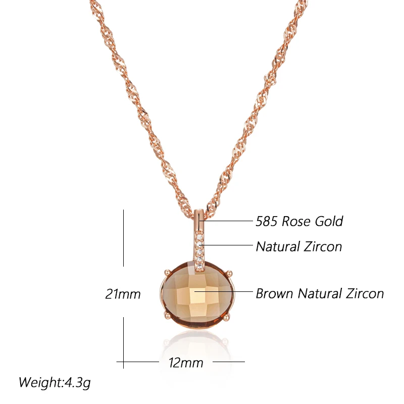 Kinel Fashion Round Light Brown Natural Zircon Pendant Necklace for Women Simple 585 Rose Gold Color High Quality Daily Jewelry