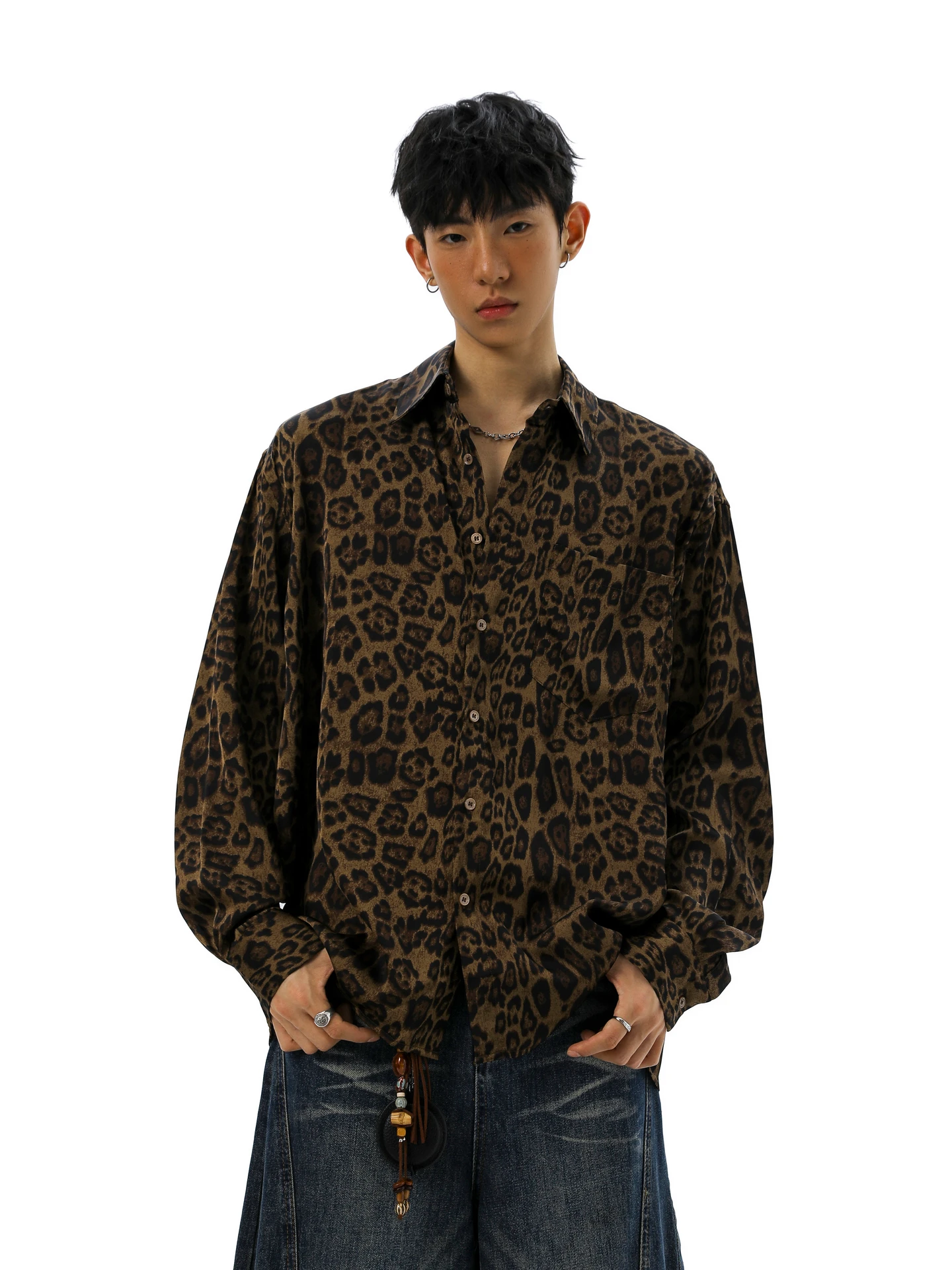 

Retro Leopard Print Long Sve Loose Casual irt ex Autumn Wear Youth Faion Polyester Fiber Non-Sinkable Button up