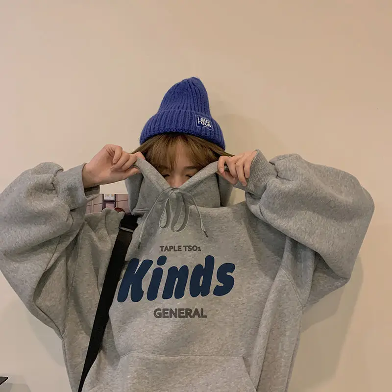 Women All-match Hoodies Vintage Long-sleeved Female Pockets Draw String Hoodies Leisure Fashion Autumn College Sweatshirts