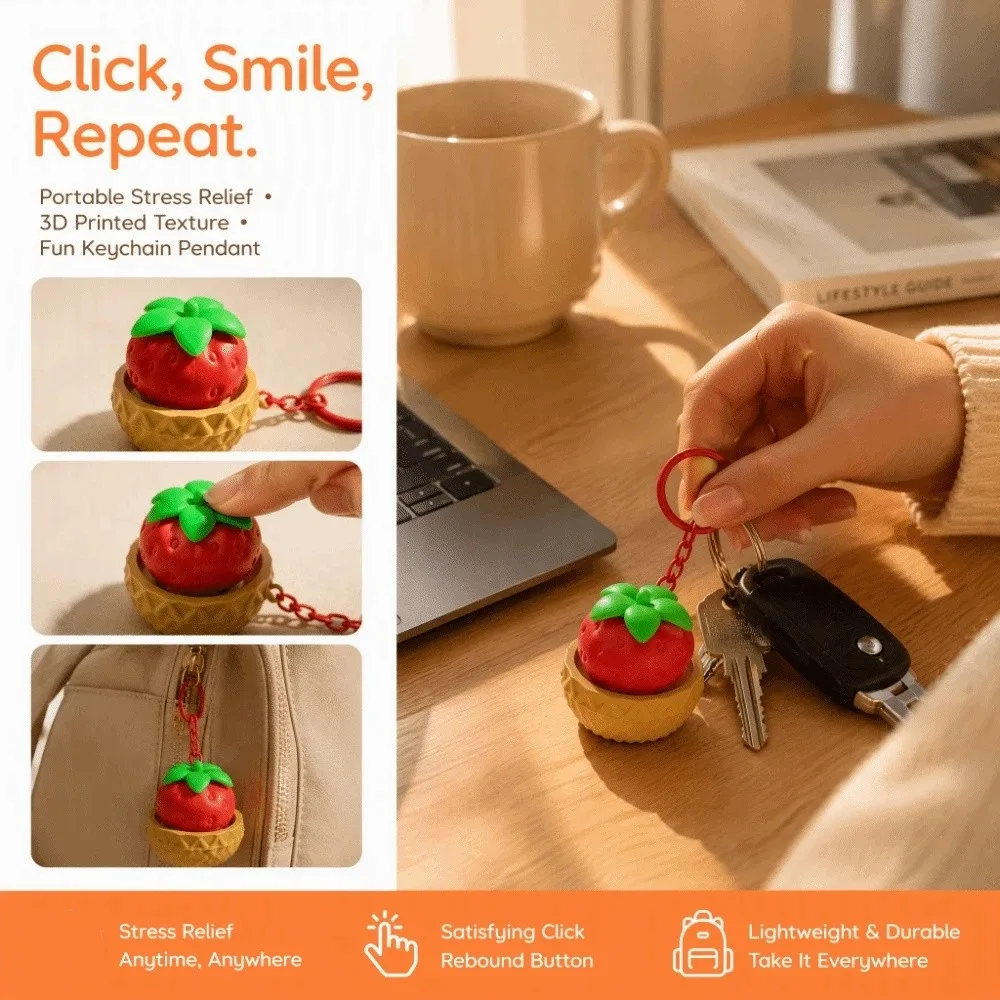3D Printed Food Keycap Keychain Cartoon Food Design Crisp Clicking Sound Keycap Clicker Keyring Rebound Button Smooth Edges