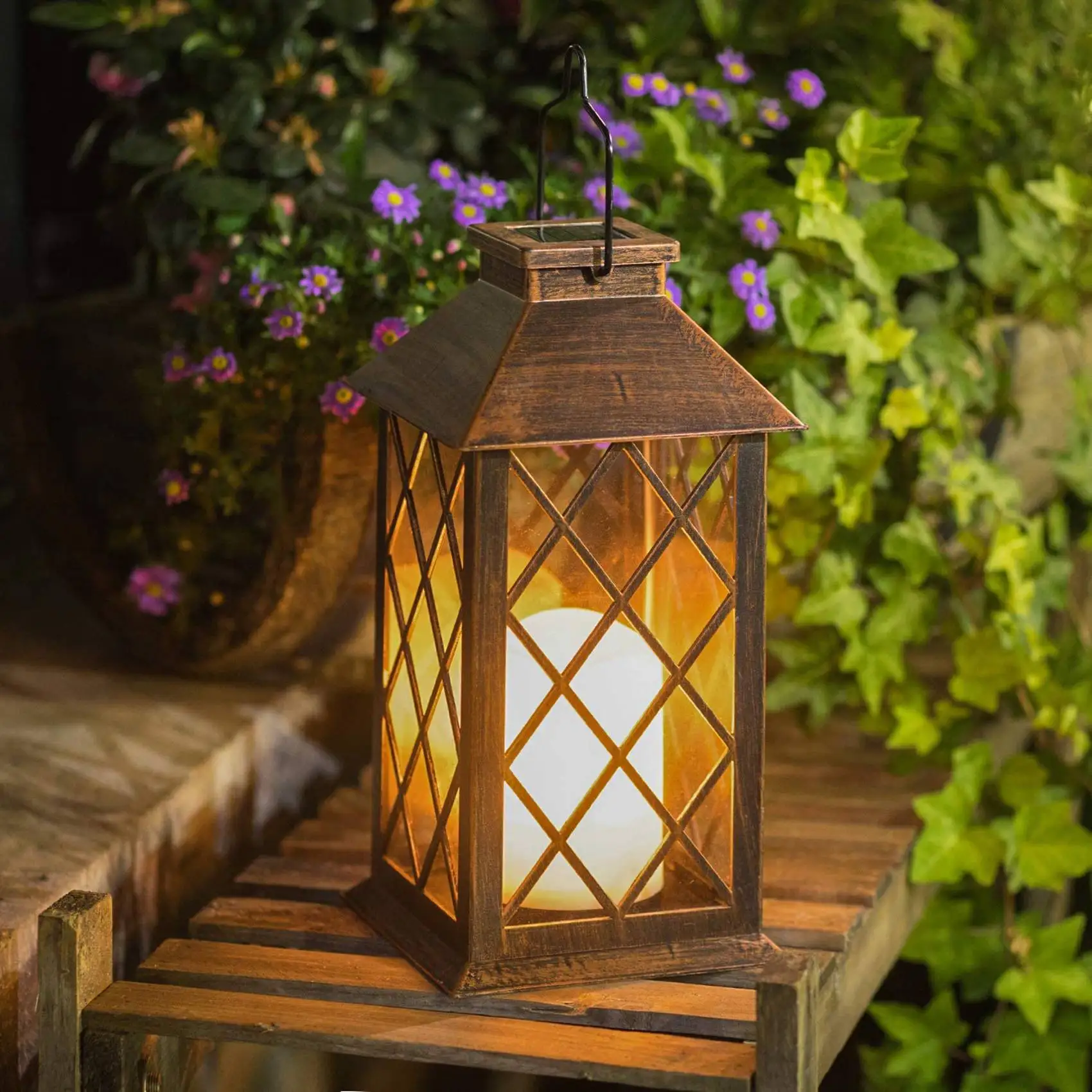 AB11-2X Solar Lantern,Outdoor Garden Hanging Lantern LED Flickering Flameless Candle Lights