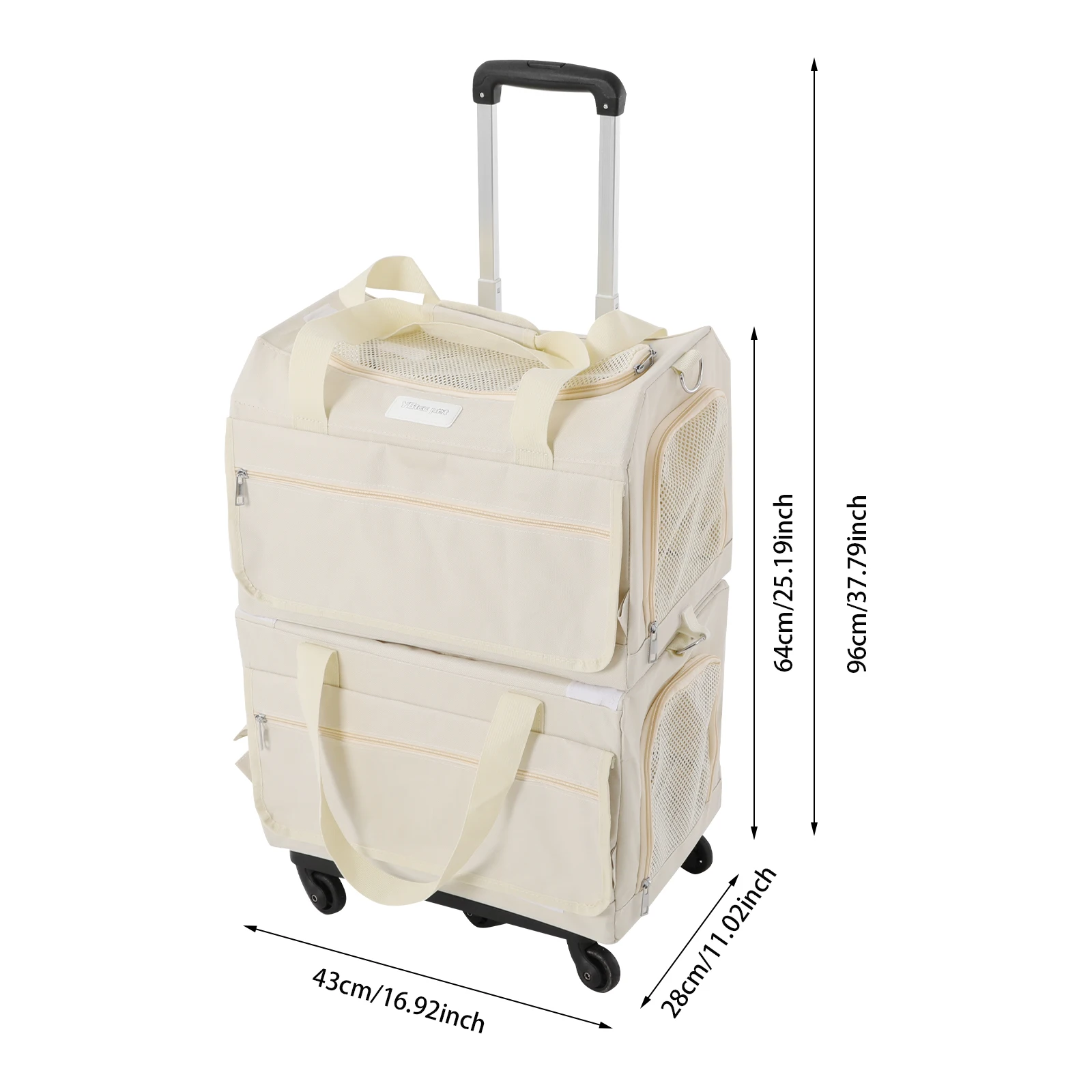 حقيبة عربة الحيوانات الأليفة باللون البيج مع نوافذ شبكية، حامل حيوانات أليفة متدحرج بطبقة مزدوجة، حامل حيوانات أليفة بعجلات لقطتين