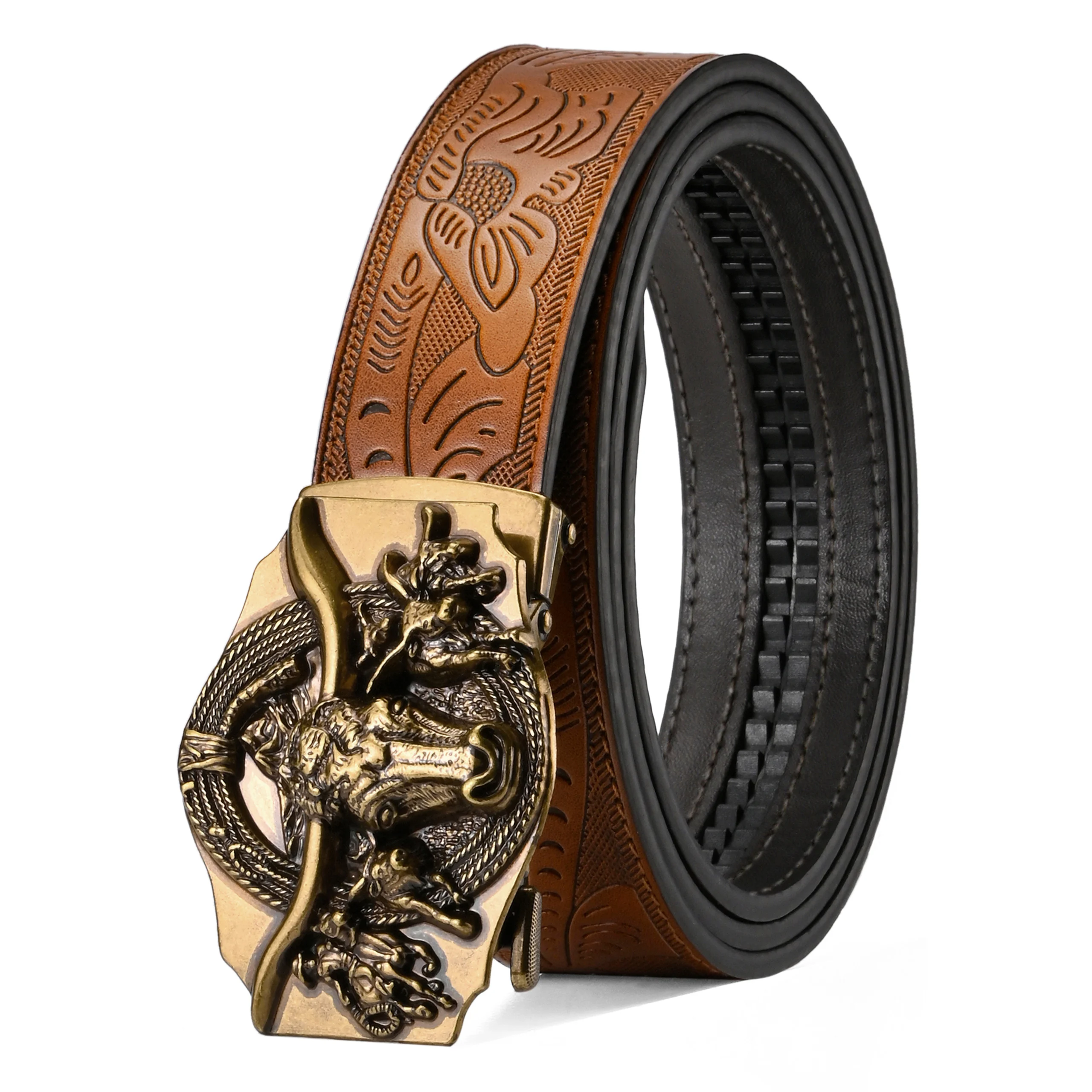 Cinturón para hombre, cinturón de trinquete deslizante con cuero PU, cinturón de vaquero occidental con trinquete y hebilla de clic automático, padre